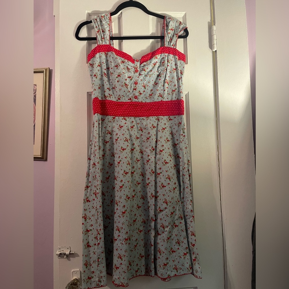 Adorable Mod Cloth Retro Style Light Blue and Red Polka Dot Dress Size L